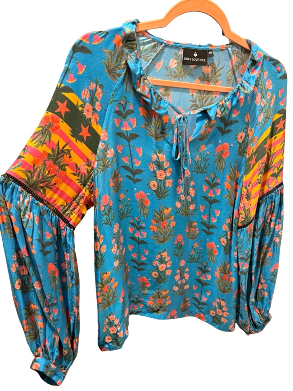 Emmy Lovelock Teal Pink Orange Blocked Color Floral Peasant Flowy Blouse Size 40